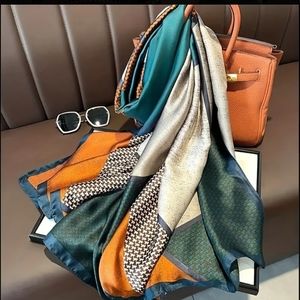 Luxury color Block silk scarf shawl wrap mask accessory copper gr…